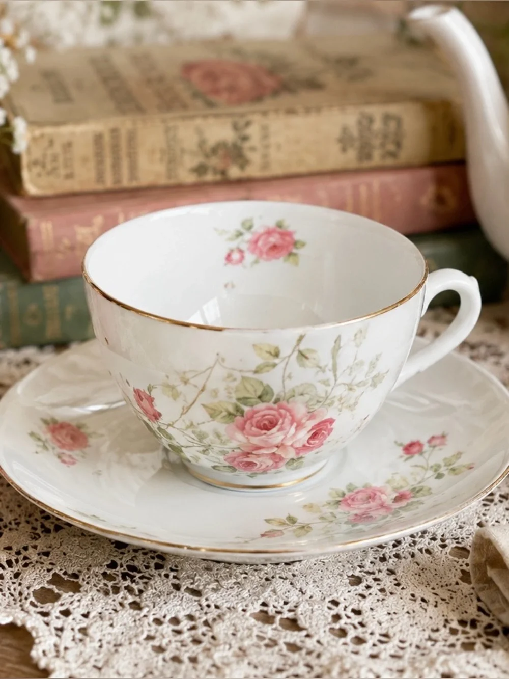 Antique Victoria Austria Porcelain Teacup & Saucer Pink Roses Gold Trim